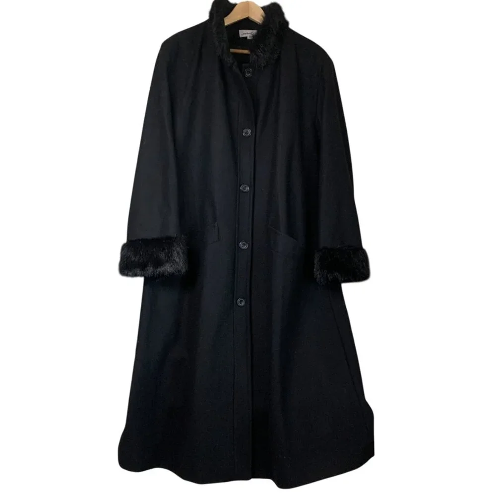 VTG Jonathan Michael Women's Black Wool Blend Long Coat Faux Fur Trim‎ Size 18W - Picture 11 of 15